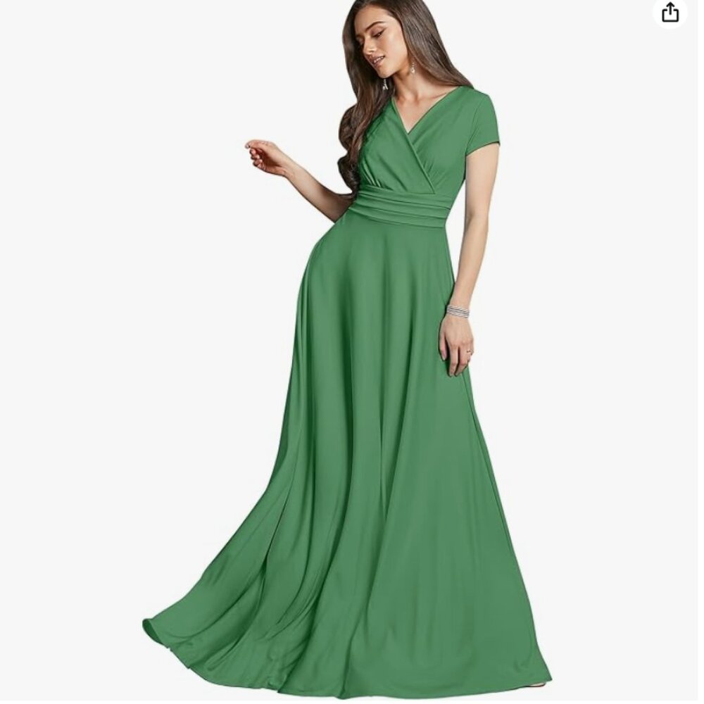 KOH KOH Sexy Cap Short Sleeve V-Neck Flowy Cocktail Gown (Green, L)